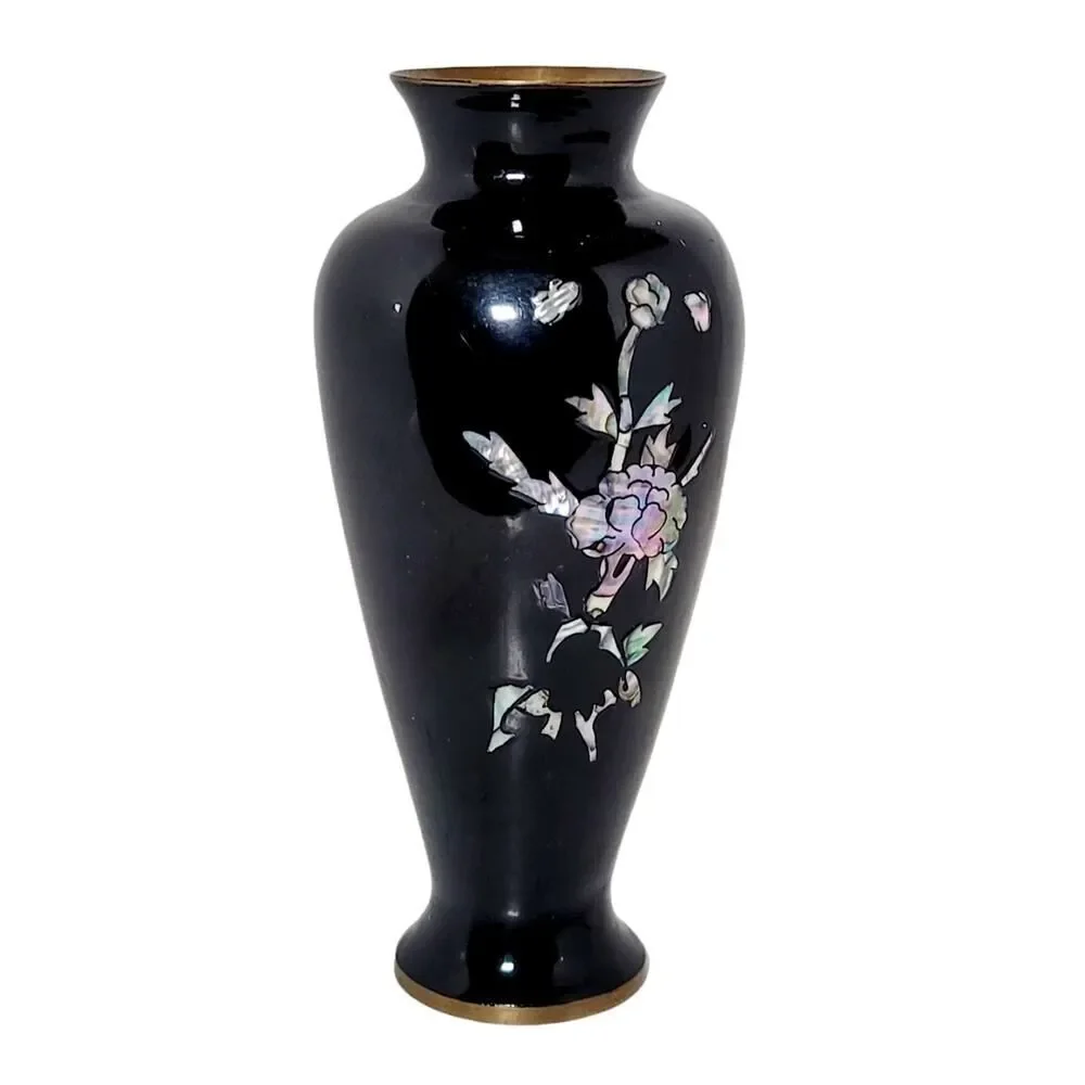 Vtg Asian Japanese Baluster Vase Black Lacquer & Mother of Pearl Floral Inlay 7